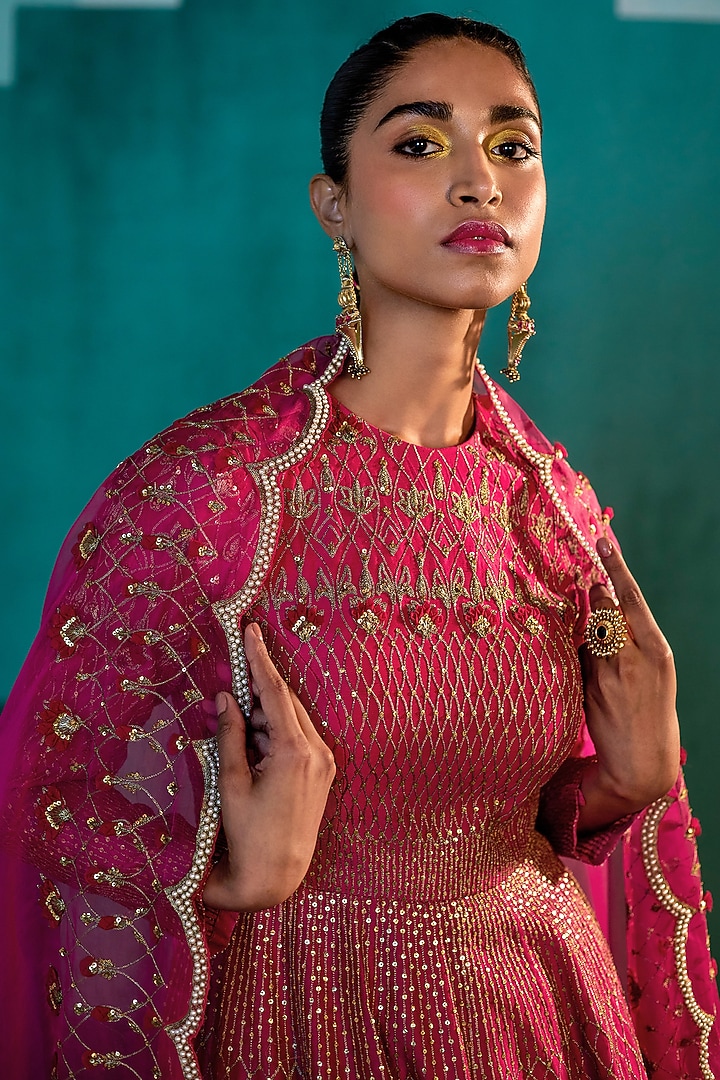 Rani Pink Chanderi Bridal Sharara Set by Agunj by Gunjan Arora at Pernia's Pop Up Shop