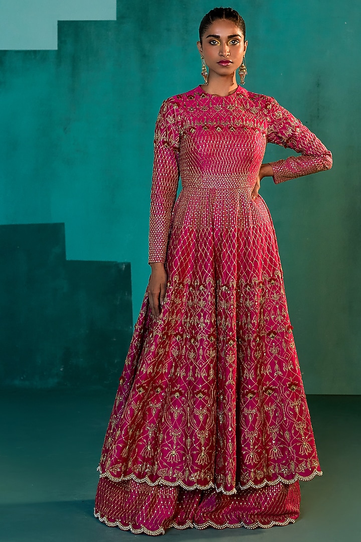 Rani Pink Chanderi Bridal Sharara Set by Agunj by Gunjan Arora at Pernia's Pop Up Shop