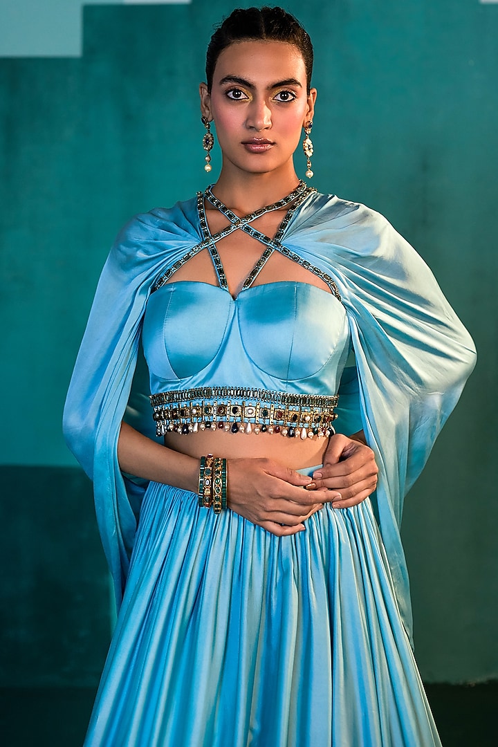 Jade Blue Satin Skirt Set by Agunj by Gunjan Arora