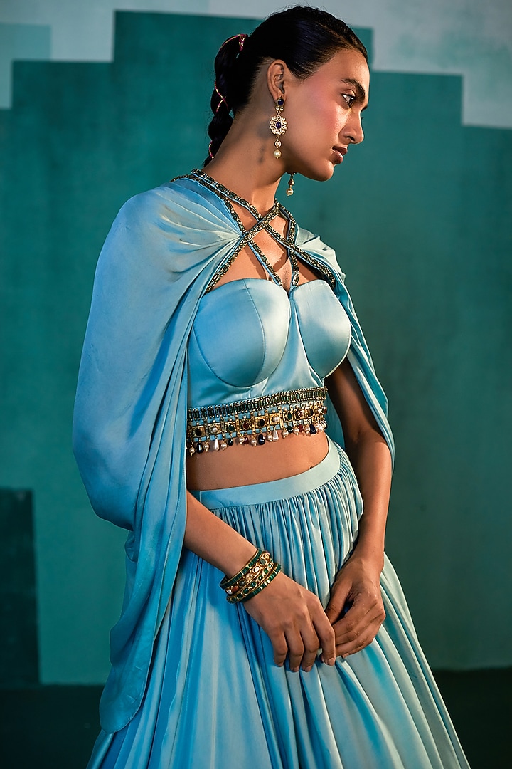 Jade Blue Satin Skirt Set by Agunj by Gunjan Arora at Pernia's Pop Up Shop