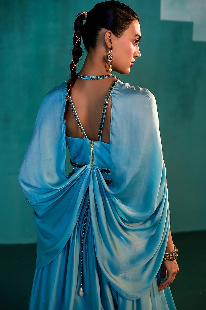 Jade Blue Satin Skirt Set by Agunj by Gunjan Arora at Pernia's Pop Up Shop