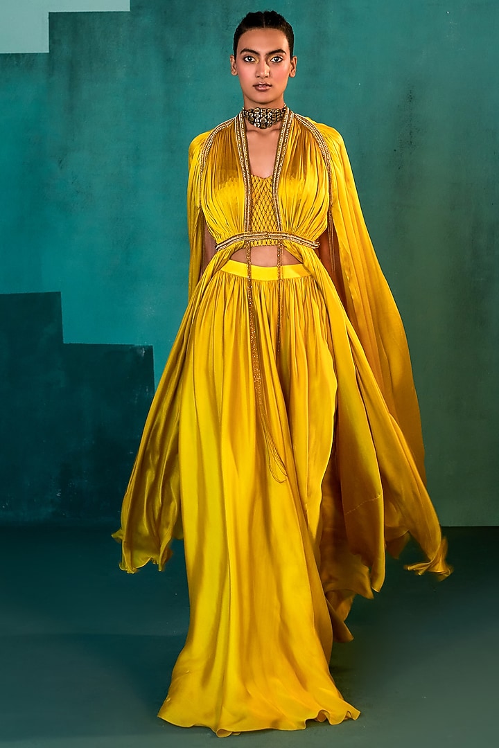 Mango Yellow Satin Wedding Sharara Set by Agunj by Gunjan Arora at Pernia's Pop Up Shop