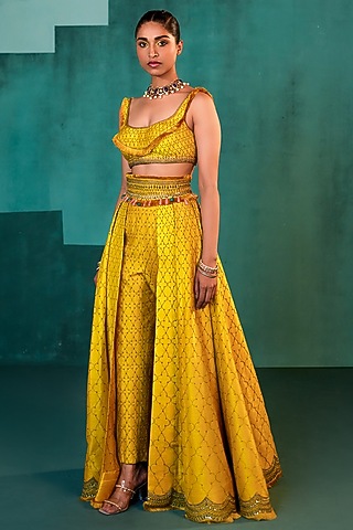 Mango Yellow Embroidered Pant Lehenga Set by Agunj by Gunjan Arora