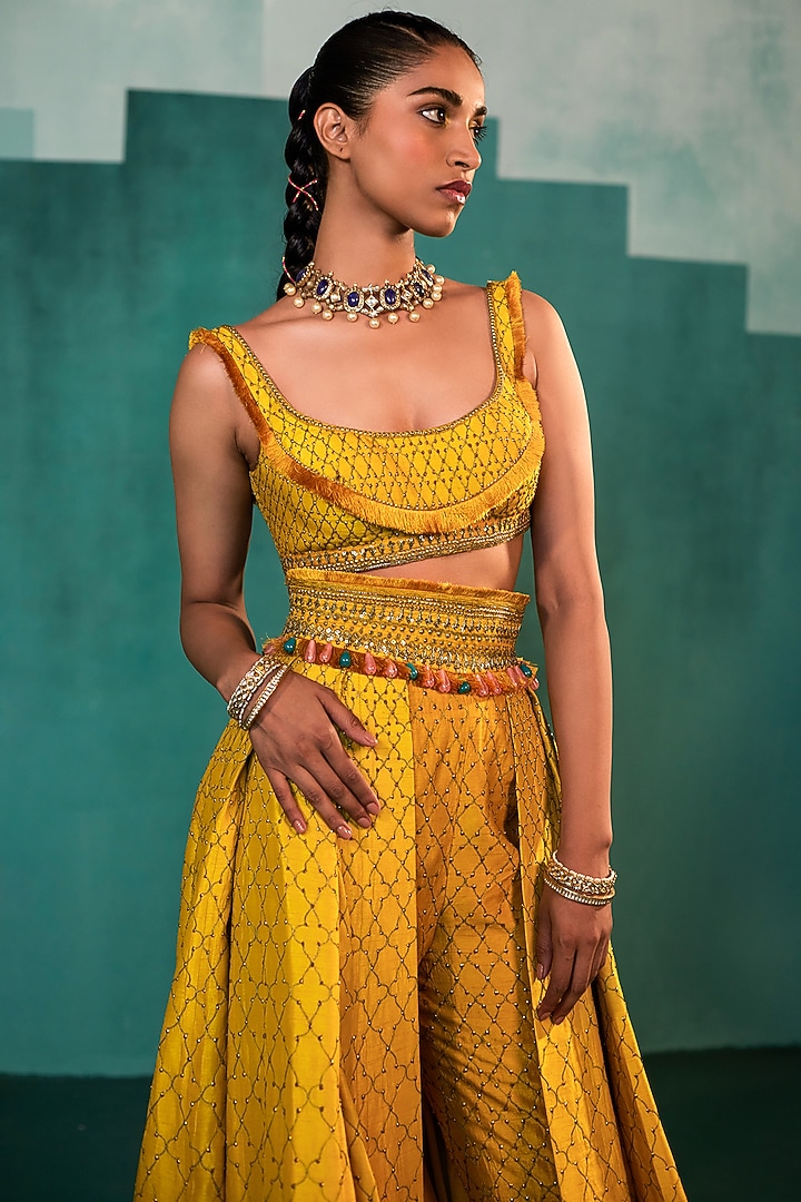 Mango Yellow Embroidered Pant Wedding Lehenga Set by Agunj by Gunjan Arora at Pernia's Pop Up Shop