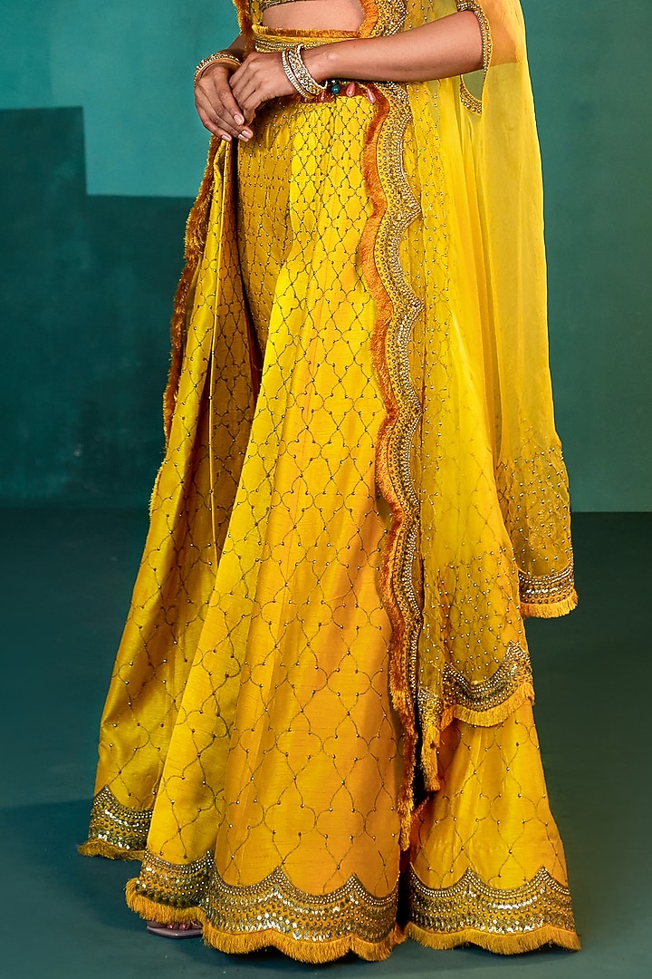 Mango Yellow Embroidered Pant Wedding Lehenga Set by Agunj by Gunjan Arora at Pernia's Pop Up Shop