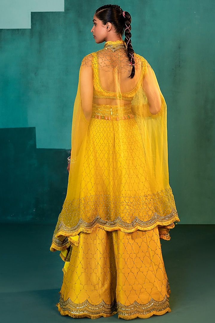 Mango Yellow Embroidered Pant Wedding Lehenga Set by Agunj by Gunjan Arora at Pernia's Pop Up Shop