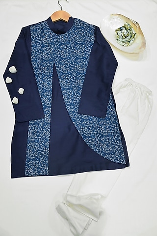 Royal Blue & White Embroidered Kurta Set For Boys by Agape Kids