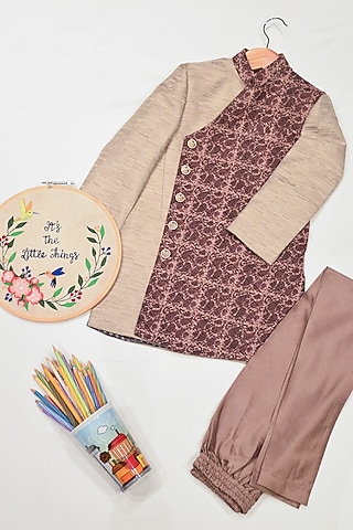 Beige Embroidered Textured Sherwani Set For Boys by Agape Kids