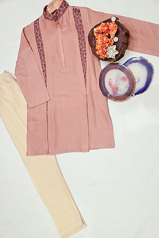 Peach Embroidered Kurta Set For Boys by Agape Kids