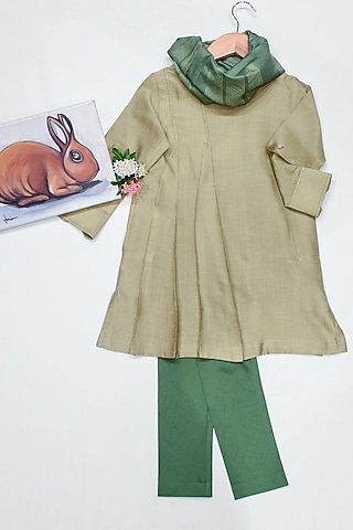 Golden & Olive Green Pleated Kurta Set For Boys by Agape Kids