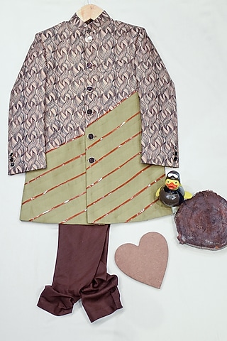 Beige Striped & Printed Sherwani Set For Boys by Agape Kids
