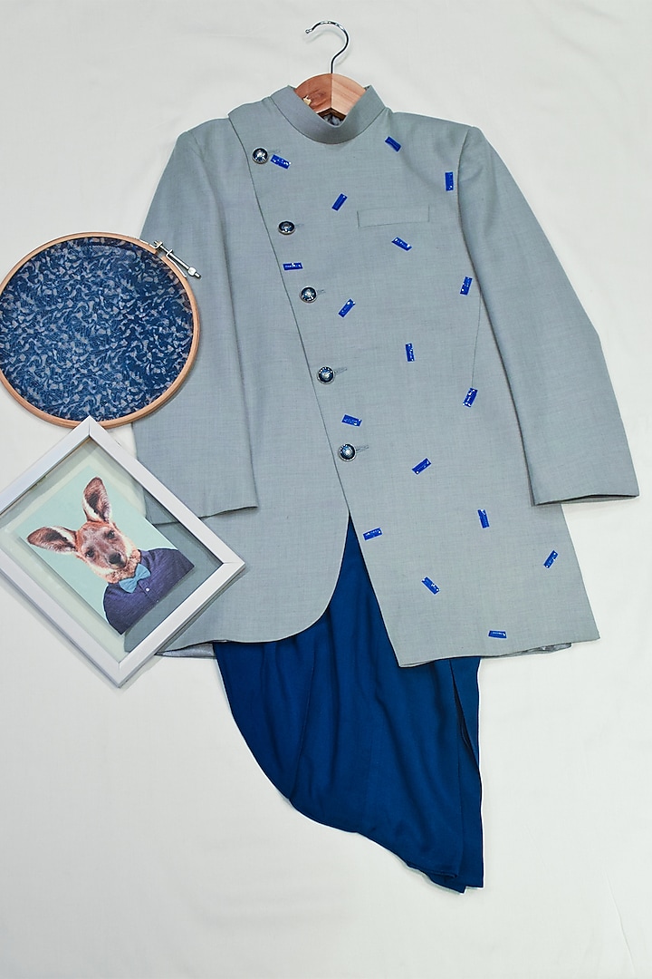 Dusty Blue Embroidered Sherwani Set For Boys by Agape Kids