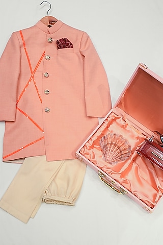 Cantaloupe Peach & White Sherwani Set For Boys by Agape Kids