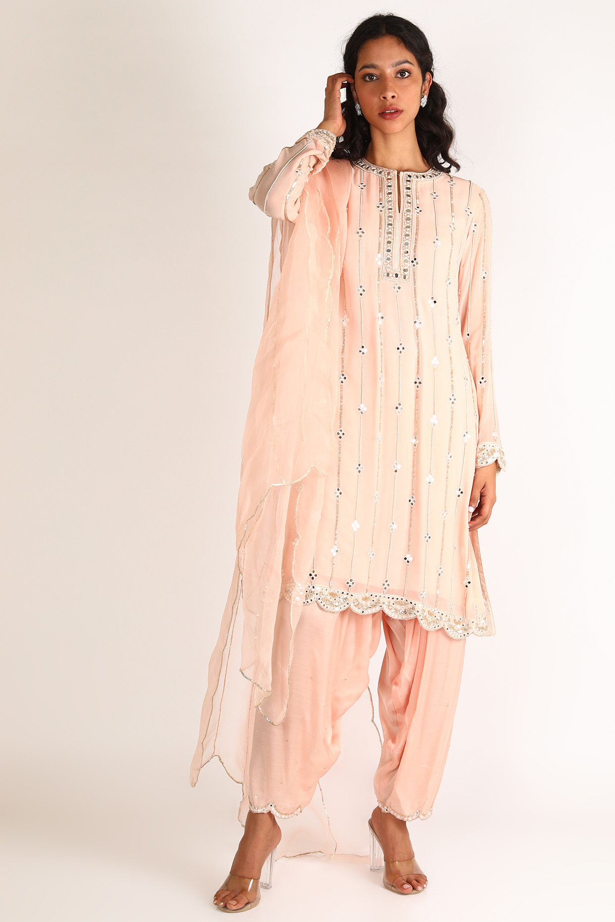 Peach Mirror Work Kurta Set by Anuradha Grewal