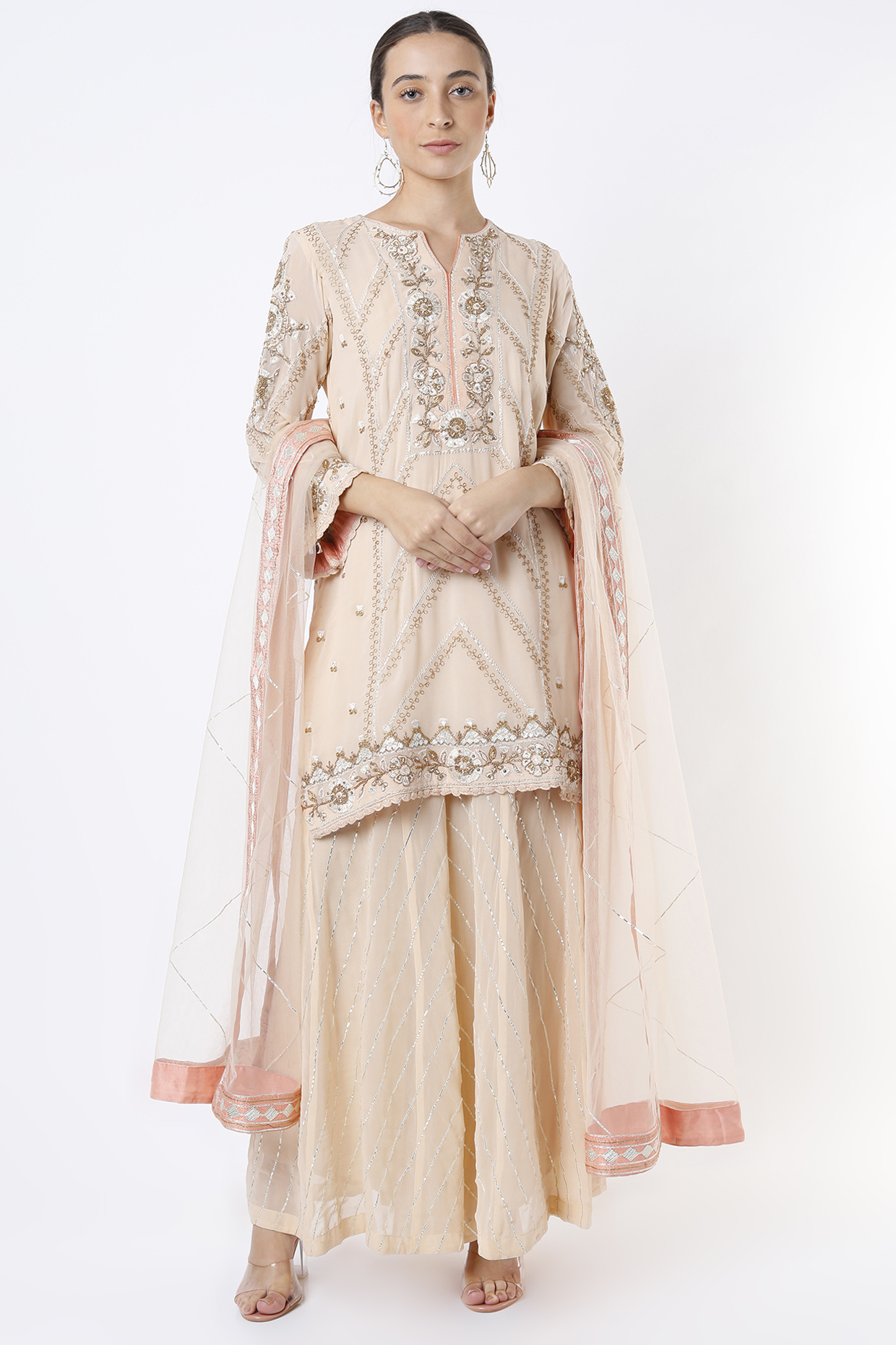 Peach Georgette Sharara Set by Anuradha Grewal