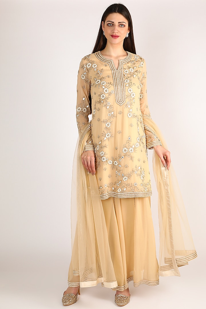 Peach Embroidered Sharara Set by Anuradha Grewal