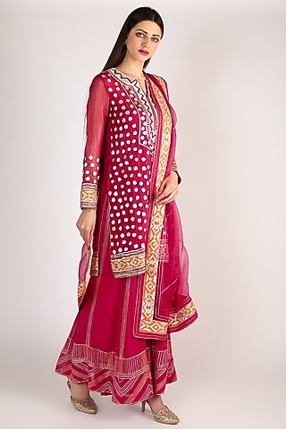 Red Gota Embroidered Kurta Set by Anuradha Grewal