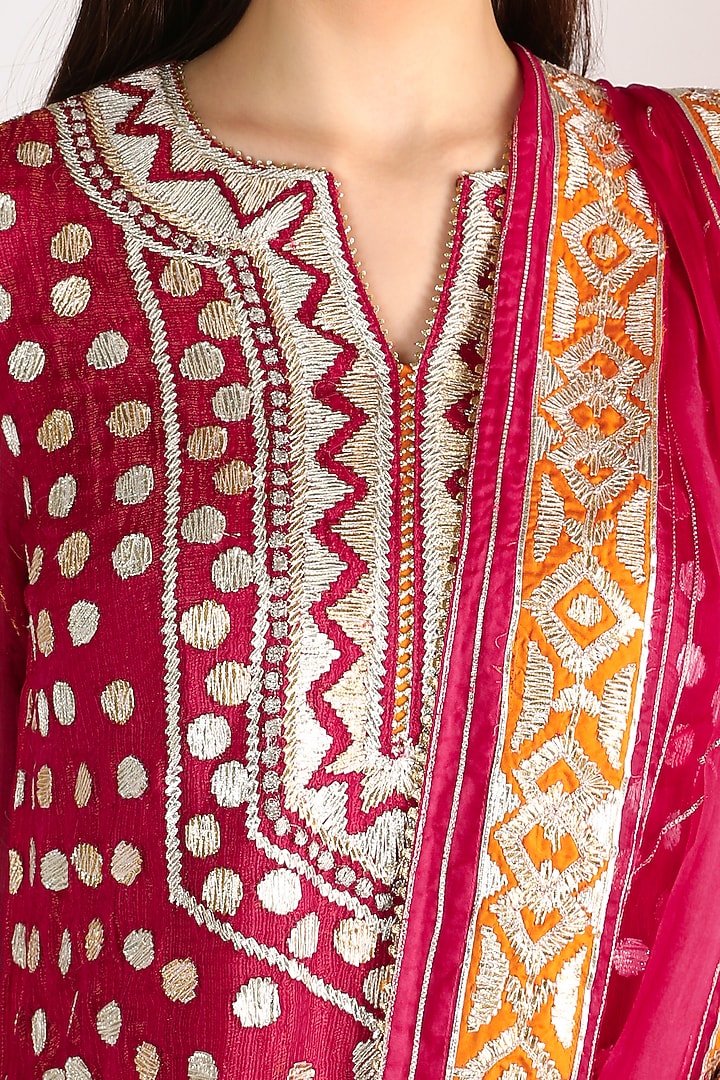 Red Gota Embroidered Kurta Set by Anuradha Grewal at Pernia's Pop Up Shop