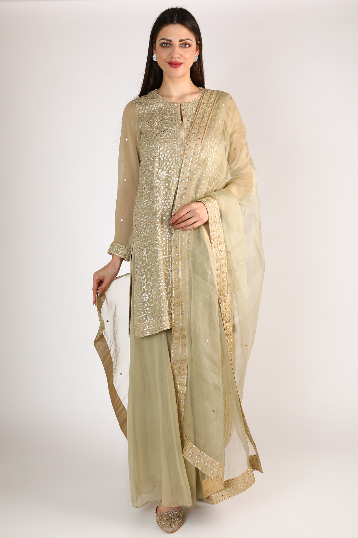 Green Embroidered Wedding Sharara Set by Anuradha Grewal at Pernia's Pop Up Shop