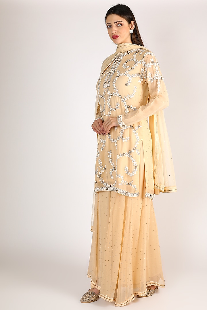 Peach Embroidered Sharara Set by Anuradha Grewal