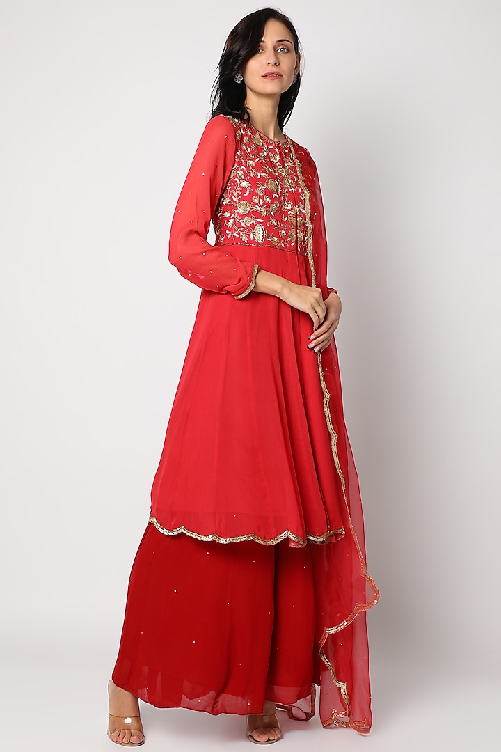 Red Embroidered Anarkali Set by Anuradha Grewal