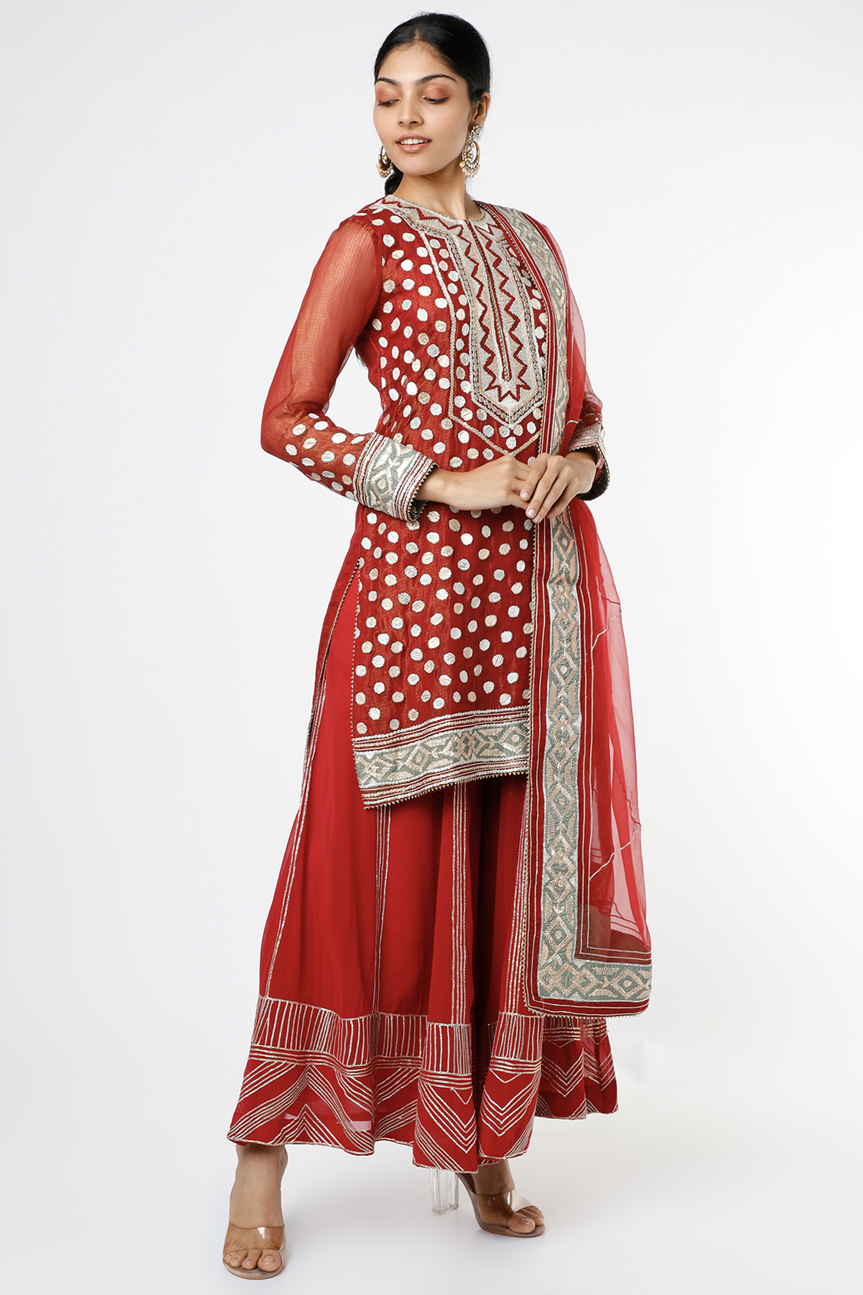 Red Georgette Embroidered Party Wear Sharara Set by anuradha grewal at Pernia's Pop Up Shop