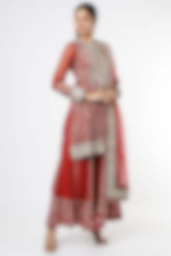 Red Georgette Embroidered Sharara Set by anuradha grewal