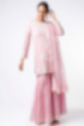 Blush Pink Georgette Net Thread Embroidered Gharara Set by anuradha grewal