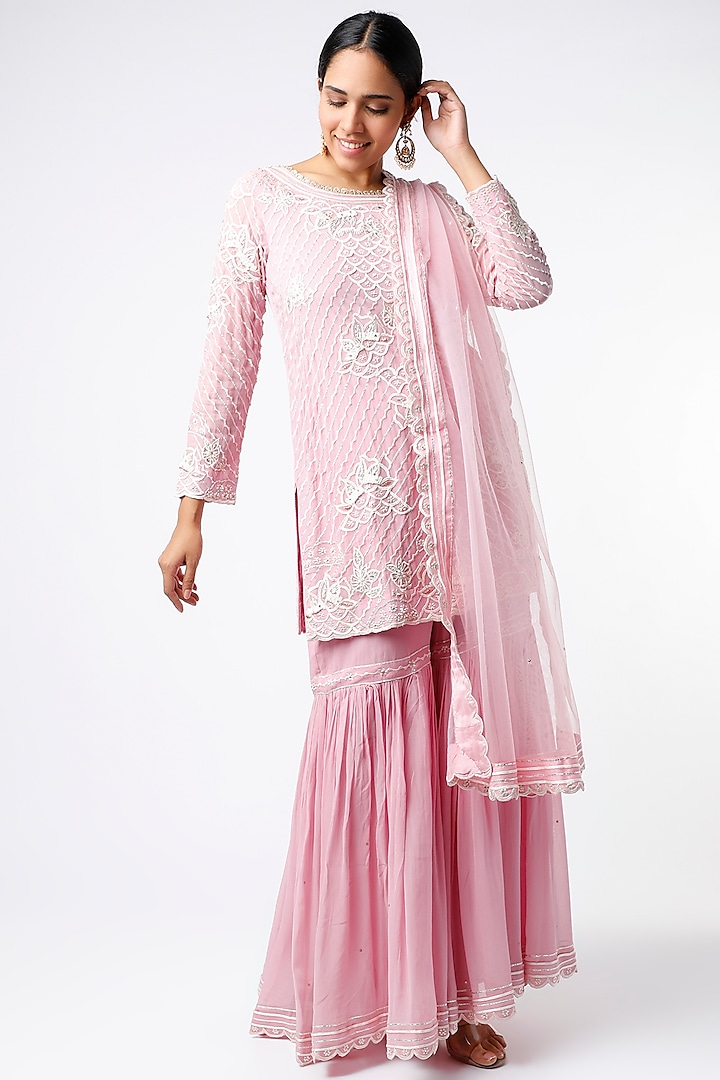 Blush Pink Georgette Net Thread Embroidered Gharara Set by anuradha grewal