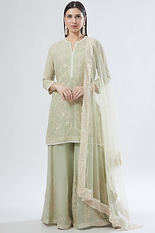 Sage Green Georgette Sharara Set by Anuradha grewal