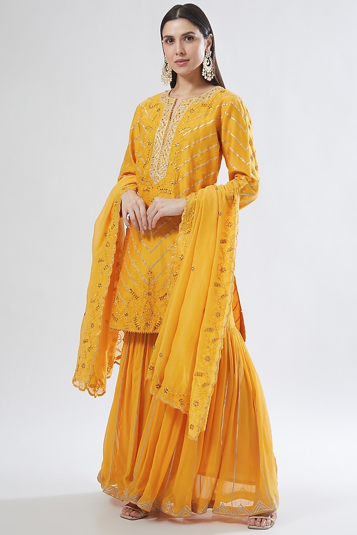 Yellow Georgette Embroidered Sharara Set by Anuradha grewal