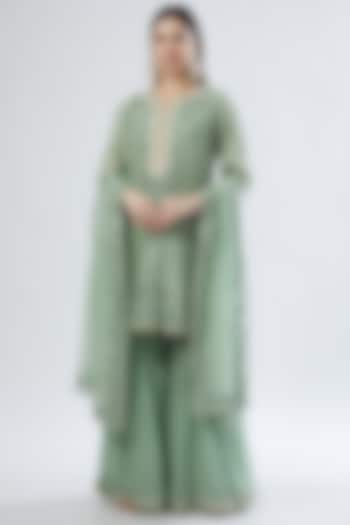 Green Georgette Embroidered Sharara Set by Anuradha grewal