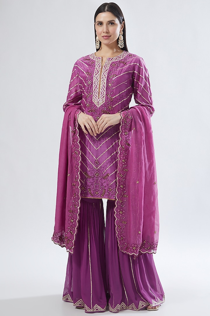 Purple Georgette Embroidered Sharara Set by Anuradha grewal