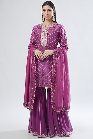 Purple Georgette Embroidered Sharara Set by Anuradha grewal