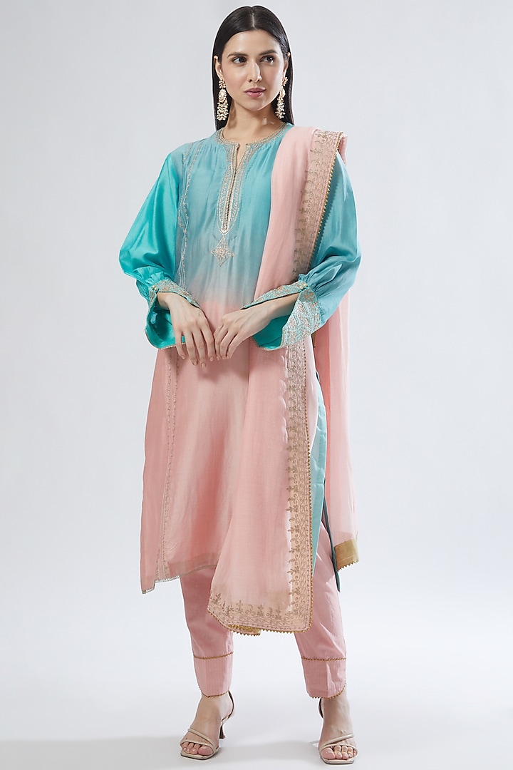 Cobalt Blue & Blush Pink Embroidered Kurta Set by Anuradha grewal