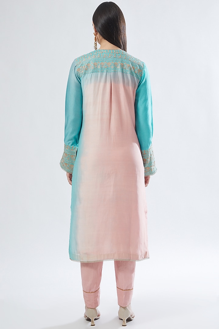 Cobalt Blue & Blush Pink Embroidered Kurta Set by Anuradha grewal at Pernia's Pop Up Shop