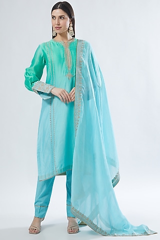 Sky Blue & Mint Green Embroidered Kurta Set by Anuradha grewal