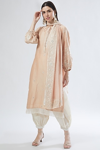 Nude Embroidered Kurta Set by Anuradha grewal