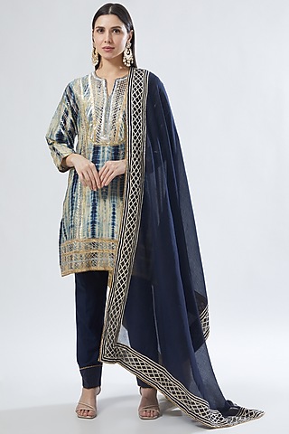 Cobalt Blue Printed & Embroidered Kurta Set by Anuradha grewal