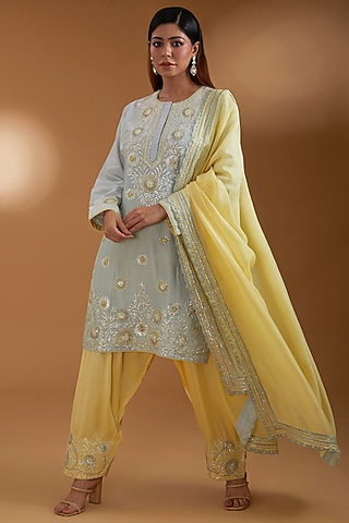 Sea Blue Chanderi Kurta Set by Anuradha Grewal