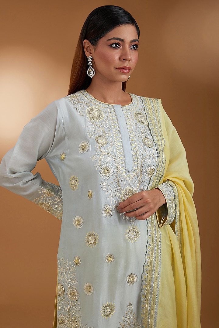 Sea Blue Chanderi Kurta Set by Anuradha Grewal at Pernia's Pop Up Shop