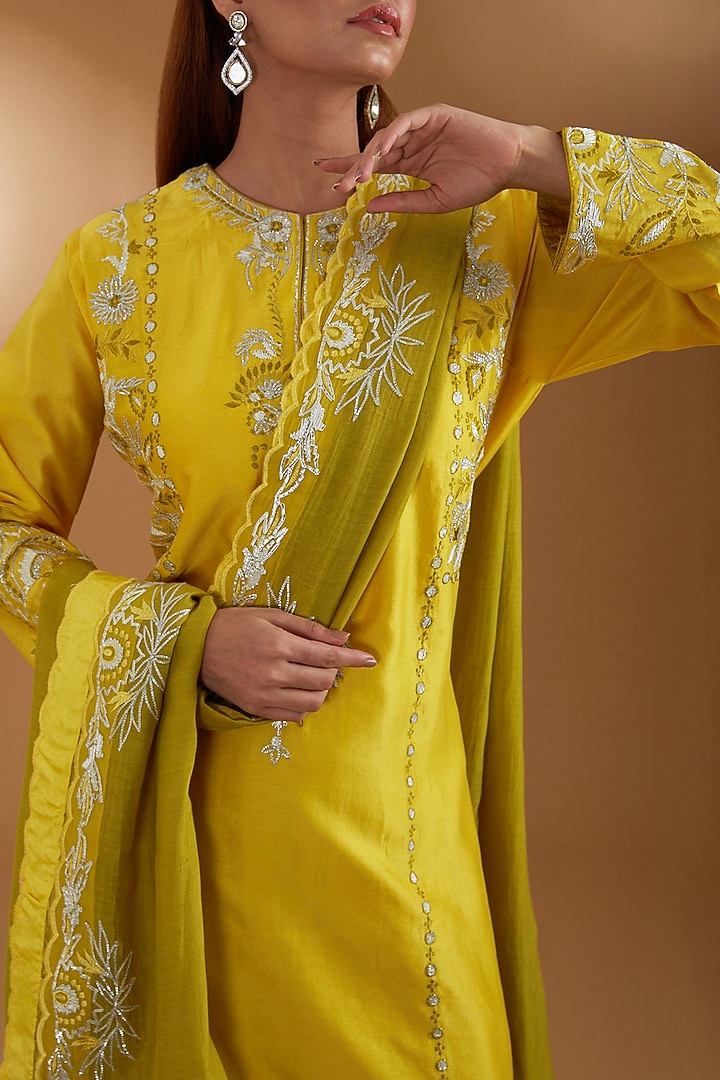 Yellow Chanderi Kurta Set by Anuradha Grewal at Pernia's Pop Up Shop