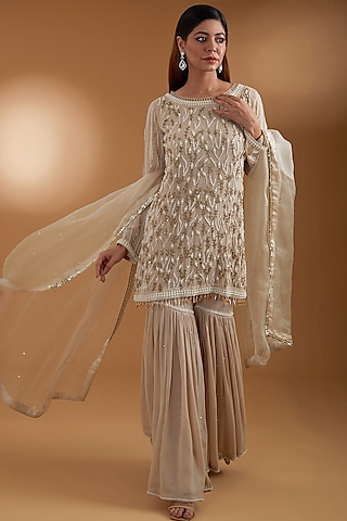 Beige Georgette Gharara Set by Anuradha Grewal