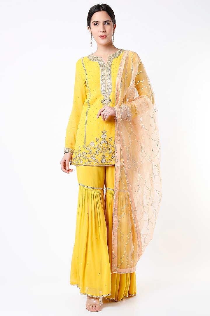 Yellow Georgette Dabka Embroidered Gharara Set by Anuradha Grewal
