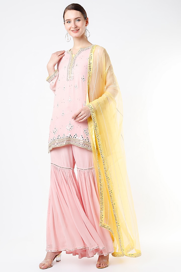 Blush Pink Georgette Gharara Set by Anuradha Grewal