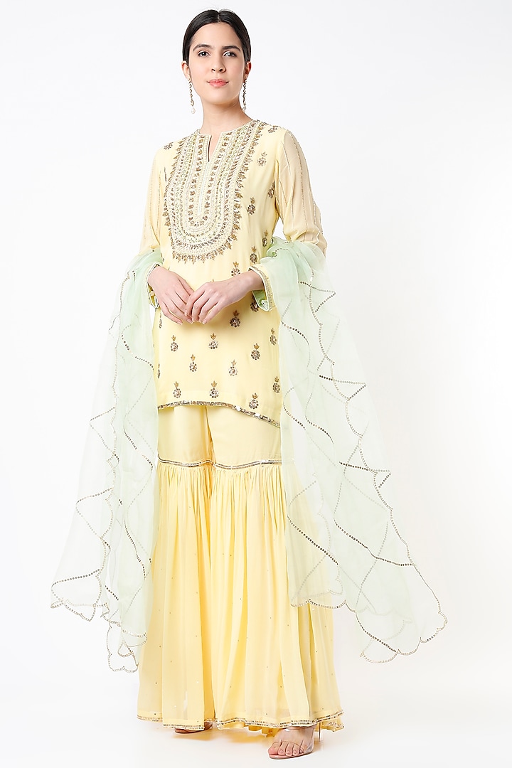 Pale Yellow Georgette Dabka Embroidered Gharara Set by Anuradha Grewal