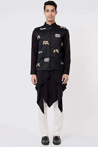 Black Draped Kurta Set With Nehru Jacket by AGRAJAIN
