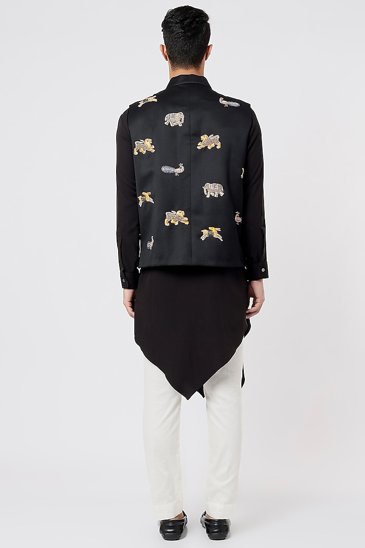 Black Draped Kurta Set With Nehru Jacket by AGRAJAIN at Pernia's Pop Up Shop
