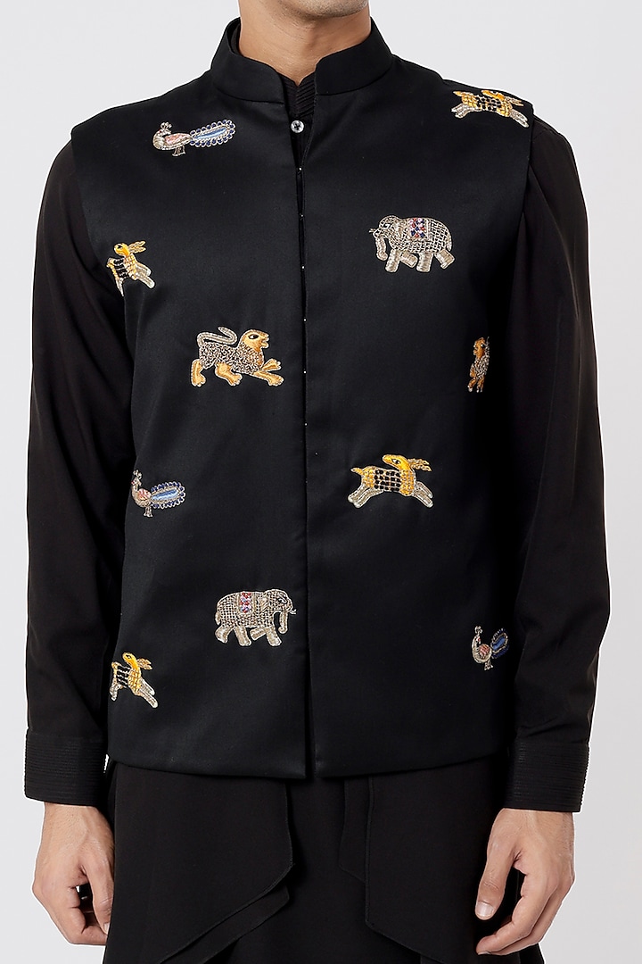 Black Draped Kurta Set With Nehru Jacket by AGRAJAIN at Pernia's Pop Up Shop