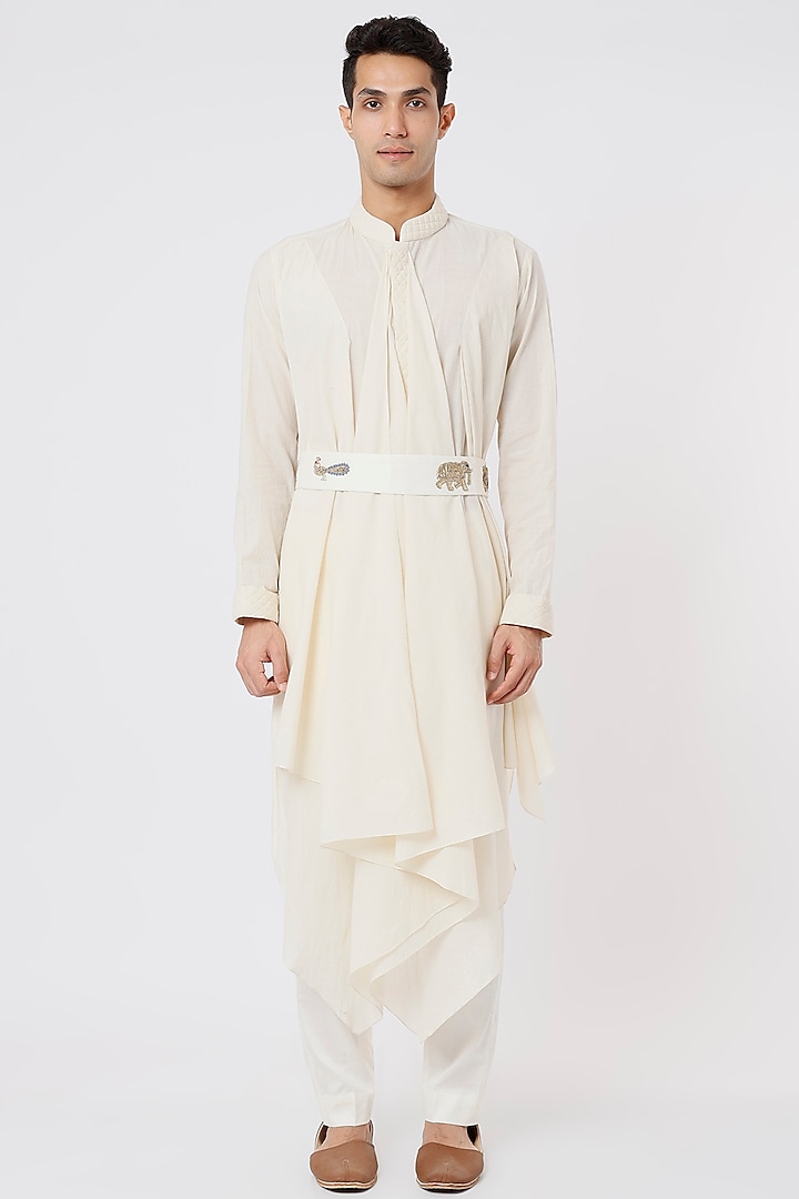 Ivory Draped Kurta Set With Hand Embroidered Work Belt by AGRAJAIN